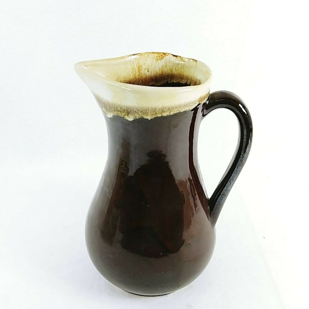 Pitcher Drip Glaze Pottery Brown Cream Farmhouse Country Cottage Vintage Decor